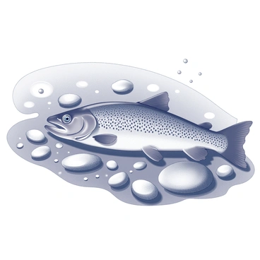 A brook trout lying on a pebbly stream bed, showcasing its distinct markings and coloration. The fish is positioned with its body partially submerged in the clear flowing water. Surrounding the trout are various smooth, rounded pebbles of different sizes and textures, creating a natural habitat. Bubbles can be seen gently rising to the surface, indicating the movement of the water. The scene captures the tranquility of the stream environment, with the flowing water reflecting the shimmering form of the fish.