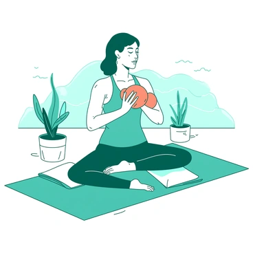 A person is performing Russian twists while sitting in a meditative pose on a teal yoga mat. The individual is dressed in comfortable athletic wear, with focused eyes and a serene expression. Around them, there are soft white cushions and small potted plants that enhance the tranquil atmosphere. In the background, there are gentle waves of soft lighting creating a calming effect. The person holds a small orange ball in both hands, twisting their torso gracefully while maintaining balance.