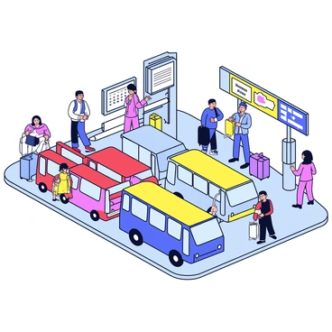 A busy bus terminal with several colorful buses parked in designated areas. Each bus has a distinct design and color, such as red, blue, and yellow. Passengers are seen boarding the buses, carrying luggage and bags. Some individuals are waiting in line, while others are checking schedules on a digital board nearby. The terminal has a structured layout with benches for waiting and clear signage indicating bus routes and destinations.