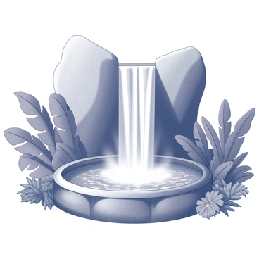 A majestic waterfall is cascading down from a rocky cliff. The water flows smoothly, creating a mist that rises into the air. The waterfall pours into a large, circular pool below, where the water is still and clear. Surrounding the pool, there is lush tropical foliage, featuring large green leaves and various shades of plant life. The foliage frames the scene, providing a natural border to the vibrant setting.