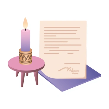A digital flat illustration depicting a "ceremonial candle" with a flickering flame, placed elegantly next to an "official document" that is being presented for ratification. The candle is adorned with intricate designs on its holder, while the document features bold headings and a signature line at the bottom. The background is a subtle gradient, enhancing the focus on the candle and document. A small, polished wooden table is visible, adding a touch of elegance to the setting. The scene conveys a sense of formality and importance.