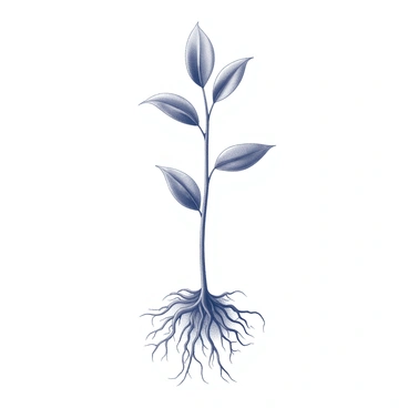 A detailed tattoo design featuring a plant anatomy diagram. The diagram includes a complex representation of "roots" spreading out at the bottom, anchoring the plant. Above the roots, a "stem" rises, showing its structure in a vertical alignment. At the top, "leaves" are depicted, showcasing their shape and layout extending from the stem. Each part is intricately detailed to highlight its biological features, emphasizing the connections between roots, stem, and leaves.
