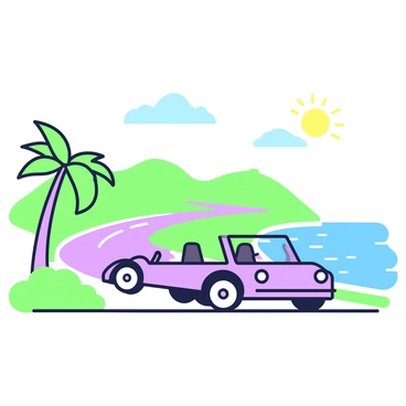 A convertible car cruising on a scenic road along a sparkling coastline