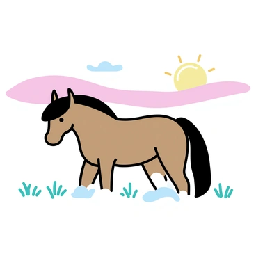 A horse with a glossy chestnut coat is standing in a misty hollow at dawn. The horse is facing slightly to the left, showing its strong build and long mane blowing gently in the breeze. Soft, low-hanging mist swirls around the horse's legs, creating a serene atmosphere. The surrounding landscape features gently rolling hills in the background, partially obscured by the mist, with hints of green grass peeking through. The sky above is a gradient of soft pastel colors, transitioning from pale blue to warm pink and light orange as the sun begins to rise.