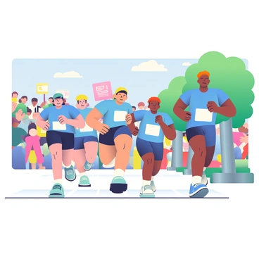 A group of five running club members is participating in a marathon event. They are all wearing matching bright blue outfits, consisting of short-sleeve tops and running shorts. Each member has a number pinned to their shirts. The runners are in motion, with one member leading and others closely following. The background features a cheering crowd with colorful banners and signs. Several trees with green foliage line the path, and a clear blue sky is overhead. The atmosphere is energetic and lively as spectators clap and cheer for the participants.