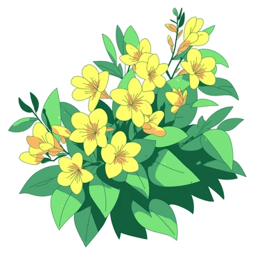 A collection of honeysuckle flowers in shades of yellow are blooming vibrantly, their petals glistening with droplets of morning dew. Surrounding the flowers, lush green foliage creates a serene backdrop. In this tranquil garden, soft sunlight filters through the leaves, illuminating the delicate details of the honeysuckle blossoms. The dew drops create a sparkling effect, enhancing the beauty of the flowers as they gently sway in a light breeze.