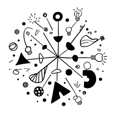 An array of various geometric shapes, including triangles, circles, and squares, radiating outward from a central point. Each shape features different patterns such as stripes, polka dots, and checkers. Numerous light bulbs of varying sizes are scattered among the shapes, symbolizing ideas. Lines extend from the shapes, connecting them in a dynamic arrangement. The overall composition conveys a sense of movement and energy through the interplay of shapes and patterns.