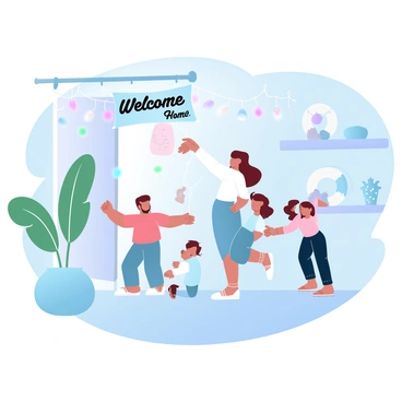 A family is gathered in a cozy living room, hanging sparkling lights along the walls and ceiling. One parent is carefully placing a colorful banner that reads "Welcome Home" above a doorway. The children are excitedly holding string lights, draping them playfully around a large potted plant in the corner. The room is filled with soft, warm light, creating a cheerful atmosphere. Decorative items like wreaths and festive ornaments are placed on shelves in the background, adding to the festive spirit.