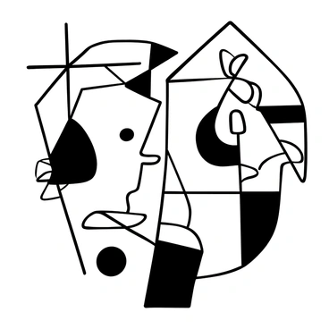 A collection of fragmented geometric shapes arranged to form two abstract faces. The shapes include triangles, rectangles, and circles, all interlocking and overlapping each other. One face appears larger and is primarily constructed from angular pieces, while the other face is smaller and features more rounded shapes. The composition is intricately balanced, with various sizes and orientations of the shapes creating a dynamic interaction between the two faces. Background elements consist of additional geometric shapes that complement the main figures.
