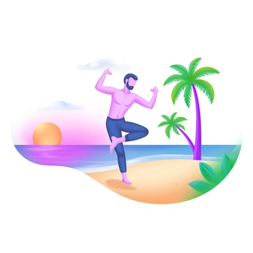 A modern pastel illustration depicting a 3D man in a yoga pose on a beach. The man is in a tree pose, balancing on one leg with the other foot resting on his inner thigh. The beach features soft, golden sand, and gentle waves lapping at the shore. In the background, a soft pink and orange sky indicates sunrise, with the sun just above the horizon. Palms trees sway lightly in the background, completing the tranquil beach scene.