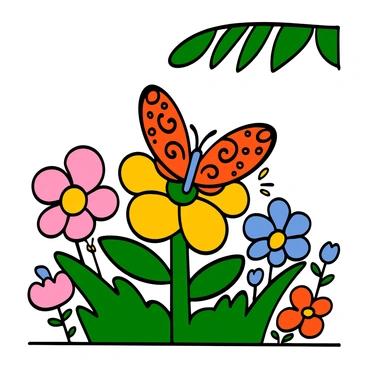 A vibrant orange butterfly with intricate black patterns on its wings resting gently on a colorful flower. The flower has bright yellow petals and a central green stem, surrounded by lush green leaves. The garden is filled with a variety of other flowers in different colors, creating a lively and thriving environment. Soft sunlight filters through the leaves above, casting gentle shadows on the butterfly and flower.