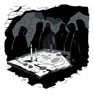 A group of shadowy figures is standing around a dimly lit table in a hidden underground lair. The table is made of rough wood and is covered with scattered papers and small metallic objects reflecting faint light. The figures are dressed in dark clothing, their faces obscured by hoods, creating an air of mystery. Flickering candles placed on the table cast dancing shadows against the stone walls of the lair. A single beam of light illuminates a map laid out on the table, revealing intricate details of a hidden location.