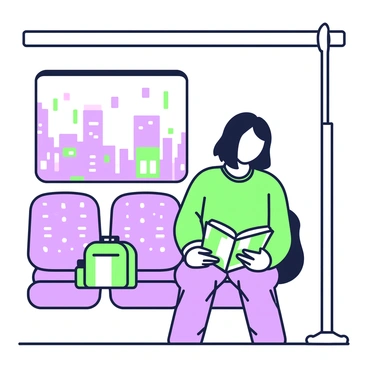 A person is sitting on a subway train, focused on reading a book. The train interior features plastic seats with a textured surface. The person, a young adult with medium-length hair, is wearing a comfortable sweatshirt and jeans. They are holding an open book in their hands, with a visible cover design. Nearby, a small backpack is placed on the seat beside them. The window next to the person shows blurred city lights as the train moves through the underground. A pole for standing passengers is positioned in front of them, adding to the subway environment.