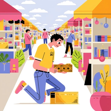 A bustling flea market filled with various colorful stalls is depicted in the background. A person, dressed in casual clothing, is kneeling down, examining a vintage treasure they have just discovered. The treasure, an ornate antique box with intricate designs, is held in their hands. Surrounding the person are other stalls displaying an array of items, such as old books, vintage jewelry, and eclectic collectibles, while shoppers meander through the market. Sunlight bathes the scene, illuminating the vibrant colors of the market.