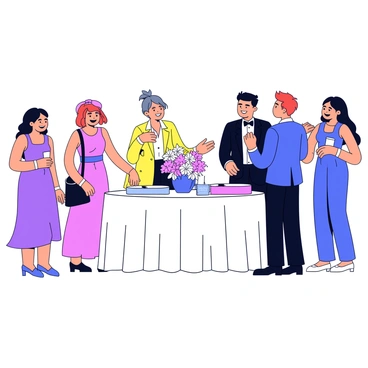 A charity gala scene with elegantly dressed guests in formal attire. The women are wearing long evening gowns of various colors, and the men are in tuxedos. Guests are mingling and engaging in conversation. In the center of the scene, there is a raffle ticket sales table draped with a white tablecloth. The table is adorned with a decorative centerpiece of flowers and a sign that reads "Raffle Tickets". Some guests are purchasing tickets while others are admiring the prizes displayed nearby. The atmosphere is lively, filled with smiles and laughter.