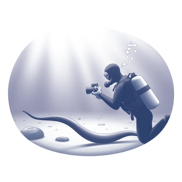 A scuba diver wearing a wetsuit and oxygen tank is positioned underwater. The diver is holding a camera, capturing the moment as an eel gracefully slithers past. The ocean floor is visible, featuring sand and scattered rocks. Sunlight filters through the water, creating a play of light and shadow. Tiny bubbles escape from the diver's tank, rising toward the surface. The eel showcases a long, slender body as it moves fluidly through the water.