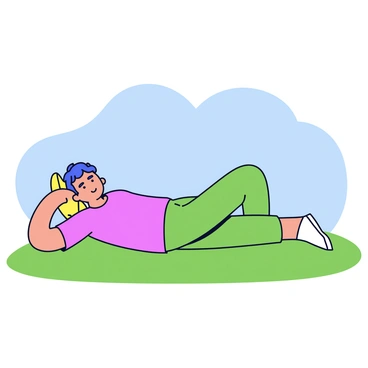 A person is lying on a grassy field, performing a glute bridge exercise. The individual has their feet flat on the ground and their knees bent. Their arms are resting at their sides. The sky above is clear and blue with no clouds. The green grass under them is vibrant and well-maintained.
