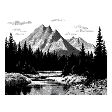 A landscape features towering mountains in the background, their peaks rugged and jagged. In the foreground, a river flows gently through the scene, reflecting the shapes of the mountains. The banks of the river are lined with detailed trees, their leaves intricately depicted. The sky above is dotted with a few clouds, adding depth to the atmosphere. The entire scene is composed in a way that showcases the natural harmony between the mountains and the river.