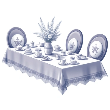 A table set for a tea party, featuring an array of elegant china teacups and saucers. The table is adorned with "evening primroses" arranged in a charming centerpiece. Delicate lace tablecloth spills over the edges, and there are small plates filled with an assortment of pastries and finger sandwiches. In the background, there are chairs with floral cushions, enhancing the inviting atmosphere of the gathering.