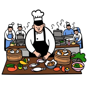 A chef with light skin and short black hair is focused on preparing dim sum in a busy kitchen. He is wearing a white chef's coat and a black apron. Around him, various ingredients like chopped vegetables and raw dumplings are scattered on a wooden counter. Steam is rising from bamboo steamers filled with freshly cooked dim sum. The background features other kitchen staff bustling around, pots on the stove, and vibrant colors from fresh ingredients.