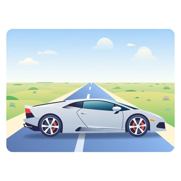 A sleek, silver luxury sports car is positioned prominently on a long stretch of open road. The car features aerodynamic curves, shiny alloy wheels, and tinted windows that reflect the sunlight. On either side of the road, vast plains extend into the distance, dotted with patches of green grass and occasional wildflowers. The sky above is a brilliant blue with a few wispy clouds scattered throughout. The road is straight and well-maintained, disappearing into the horizon.