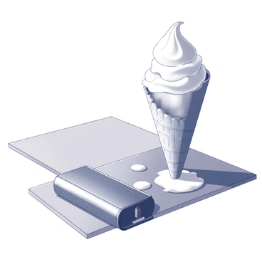 A lighter is placed on a flat surface, tilted slightly to one side. Next to it, there is a melting ice cream cone, with the ice cream oozing down the sides of the cone. The cone is partially crumpled, adding to the impression of warmth and melting. The scene is set outdoors on a bright summer day, with small droplets of melted ice cream pooling beneath the cone. The background suggests a casual, relaxed atmosphere, perhaps with hints of grass or pavement visible.