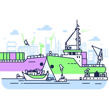 A bustling harbor filled with activity. In the foreground, there is a large cargo ship with a prominent crane unloading containers. Next to it, a smaller fishing vessel is docked, with fishing nets and equipment visible on its deck. Several seagulls are perched on the ship's railing, while others are flying overhead. The water is dotted with smaller boats and a few people can be seen on the docks, engaging in loading and unloading. In the background, a skyline of buildings and cranes stretches along the harbor, creating a busy and industrious atmosphere.