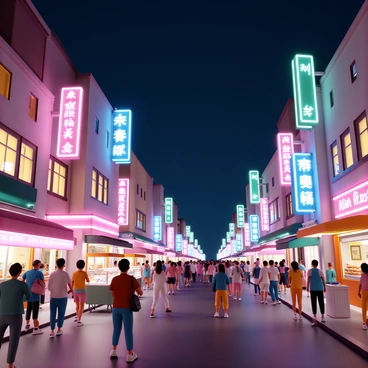 A lively city street at night filled with activity and energy. The street is illuminated by bright neon signs in various colors, including pink, blue, and green, advertising shops and restaurants. Crowds of people are walking along the sidewalks, some chatting and laughing while others are taking photos. A variety of street vendors are present, with their carts displaying delicious food items. The buildings lining the street are tall and modern, and the sky is a deep navy blue, creating a vibrant contrast with the colorful lights below.