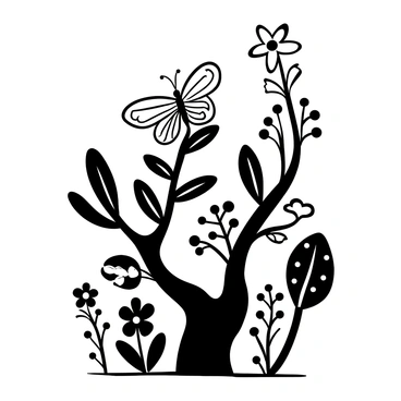 A delicate butterfly with intricate wing patterns resting on a sturdy oak branch. The branch is adorned with lush green leaves. Surrounding the branch, there are various wildflowers with distinct shapes and sizes, adding texture to the scene. The flowers exhibit different patterns, creating a sense of abundance in the composition. The overall arrangement captures a serene moment within a natural setting.