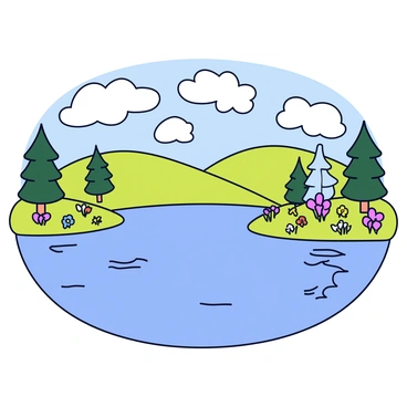 A calm lake surrounded by a variety of trees and colorful flowers. The water of the lake shows a reflection of the landscape that appears wavy and distorted. In the background, there are rolling hills with melting patches of bright green grass and vibrant wildflowers. The sky above is filled with fluffy white clouds, and the sunlight casts soft shadows on the scene.