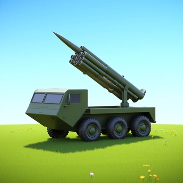 A military missile launcher positioned in a grassy open field. The launcher is mounted on a rugged vehicle with large wheels for off-road capabilities. The field is dotted with wildflowers and stretches under a clear blue sky. The missile launcher is angled upwards, ready for deployment, with several missiles loaded on its platform. The sunlight casts shadows on the ground, highlighting the details of the vehicle and the surrounding landscape.