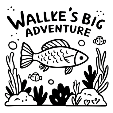 A walleye swimming through a vibrant aquatic environment filled with various underwater plants and small fish. The walleye is depicted with detailed scales and fins, navigating past colorful coral formations. Bubbles are rising around the fish as it explores its surroundings. Above the scene, there is the text "Walleye's Big Adventure" in playful lettering.