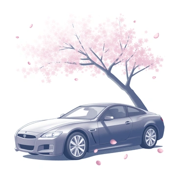 A car is parked beneath a cherry blossom tree, with delicate petals falling around it. The tree is full of blossoms, creating a canopy of flowers above the vehicle. The car is sleek and modern, its shiny surface reflecting the soft light filtering through the branches. Petals are gently descending, some landing on the roof and windshield, while others scatter on the ground around the tires. The scene is tranquil, emphasizing the beauty of nature and the serene environment.