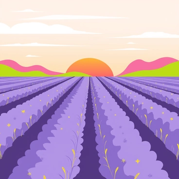 An expansive lavender field with rows of vibrant purple flowers stretching towards the horizon. The flowers are in full bloom, creating a sea of purple that contrasts with the warm colors of the sunset. The sky is filled with hues of orange, pink, and soft purple as the sun sets in the distance. A gentle breeze causes the flowers to sway slightly, adding a sense of movement to the scene. The landscape is dotted with a few green hills in the background, enhancing the depth of the view.