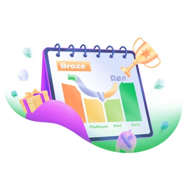 A modern pastel illustration featuring a colorful chart that displays various levels of a customer rewards program. The chart includes distinct sections labeled with the words "Bronze," "Silver," "Gold," and "Platinum" in bold letters. Each level is represented with a gradient of colors, transitioning smoothly from bronze to gold, and finally to platinum. Surrounding the chart are icons symbolizing rewards, such as a gift box, a star, and a trophy, each in a soft pastel hue. The backdrop is a light, neutral color to enhance the vibrant colors of the chart.