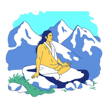 A yellow ascetic is practicing yoga on a rocky surface in the Himalayas. He is seated in a meditative pose with his hands resting on his knees. Surrounding him are tall snow-capped mountains under a clear blue sky. The ascetic is wearing simple white robes, and his long hair is pulled back. In the foreground, there are patches of green grass and small rocks. The sunlight casts soft shadows around him, highlighting the peacefulness of the scene.