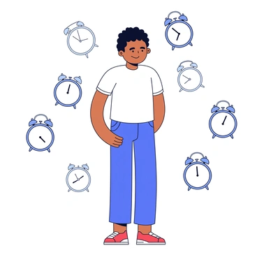 A human figure standing with a neutral expression. The figure is depicted in a simple, minimalistic style, with no distinct facial features. Surrounding the figure are numerous clocks, each displaying different times. The clocks are shown with exaggerated motion lines to illustrate their rapid spinning. The background is plain to emphasize the clocks and the figure.