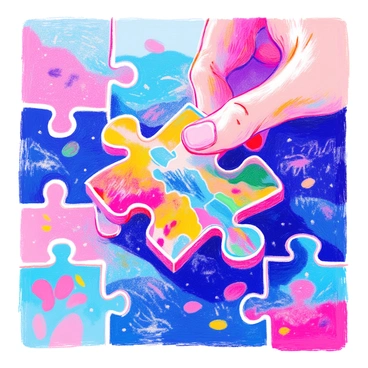 A close-up view of a "puzzle piece" that is being placed into an incomplete "jigsaw puzzle." The puzzle piece has vibrant colors and intricate designs. The surrounding pieces of the puzzle are mostly in shades of blue and green, suggesting a landscape scene. There are visible gaps where the piece will fit, indicating the idea of a "perfect solution." The composition highlights the moment of connection, with a focus on the alignment of the puzzle piece.