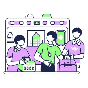 A dedicated cardiac response team is inside an ambulance. There are two paramedics, one with a stethoscope around their neck and the other wearing gloves, both focused on their tasks. The ambulance interior is organized with medical equipment visible, including a green and purple defibrillator on a shelf and a set of green medication vials arranged neatly. An oxygen tank is secured against the wall next to a purple bag filled with medical supplies. The light from the ambulance's overhead panel illuminates the scene, highlighting their urgent preparation. One paramedic is reaching for a purple emergency kit while the other is checking a green monitor displaying vital signs.