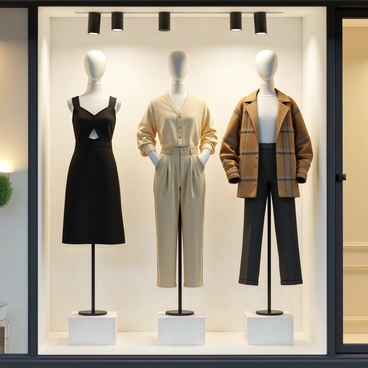 A boutique window display featuring three mannequins, each dressed in outfits inspired by different design ratios. The first mannequin wears a fitted black dress with asymmetrical cuts, showcasing a contemporary silhouette. The second mannequin is adorned in a flowing cream-colored blouse paired with high-waisted trousers, emphasizing vertical lines. The third mannequin sports a structured, geometric-patterned jacket over a simple white top and tailored skirt, representing balance in proportions. The background of the display is decorated with elegant lighting and soft pastel colors, enhancing the focus on the stylish outfits.