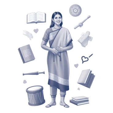 A person stands confidently in the center of the image, surrounded by various cultural symbols that reflect their heritage and values. There are traditional musical instruments placed around them, including a drum and a flute, symbolizing their connection to music. Nearby, there are intricate patterns representing art and craft, along with books that signify knowledge and education. Additionally, there are symbols of community and family, such as intertwined hands and hearts, representing unity and love. The person is dressed in traditional attire that signifies their cultural identity, exuding pride and a sense of belonging.