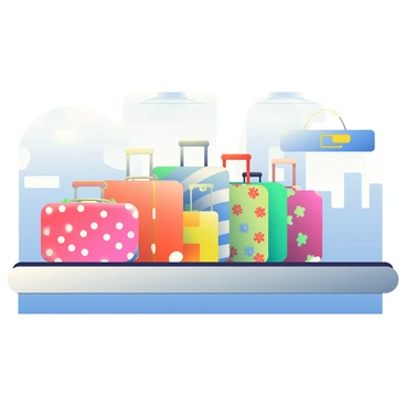 A vibrant rainbow of suitcases on an airport conveyor belt