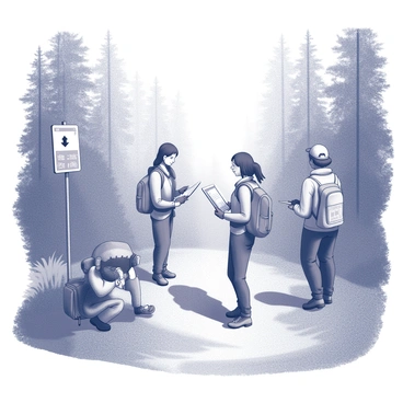 A group of hikers is gathered along a dirt path in a national park. One hiker is crouched down, examining a trail sign that displays directional arrows and information about the trail ahead. Other hikers stand nearby, some pointing towards different signs while others are consulting maps. The surrounding area is filled with tall trees and dense vegetation, creating a natural and immersive environment. Sunlight filters through the leaves, casting shadows on the ground. Each hiker is dressed in outdoor gear, including backpacks and sturdy hiking shoes.