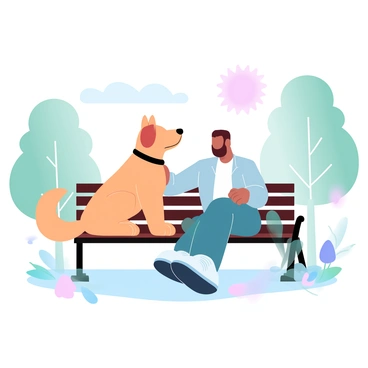 A therapy dog with a soft, golden coat is sitting beside a parolee dressed in casual clothing. The parolee has an open posture, showing a sense of relaxation as they sit on a bench in a park setting. The dog rests its head gently on the parolee's knee, symbolizing companionship and support. Surrounding them are green trees with leaves rustling softly in the breeze, and a few colorful flowers blooming nearby. A warm sun is shining above, casting a gentle light on the scene.