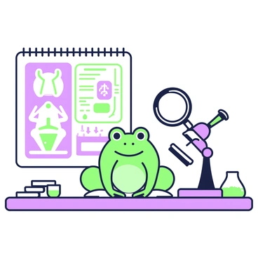 A green frog is positioned underneath a magnifying glass on a laboratory table. The magnifying glass is held above the frog, emphasizing its intricate skin texture and patterns. Surrounding the frog, there are various scientific instruments, including a microscope with an illuminated base and a set of beakers filled with colored liquids. On the table, there are also open notebooks filled with handwritten notes and diagrams. A wall in the background displays a large chart featuring frog anatomy and habitat information.