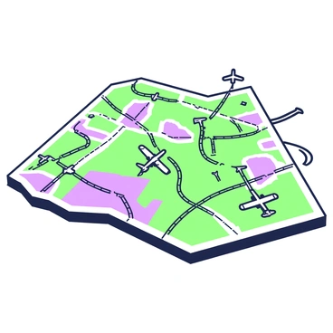 An illustration of various transportation networks like roads, railways, and airports across a region.