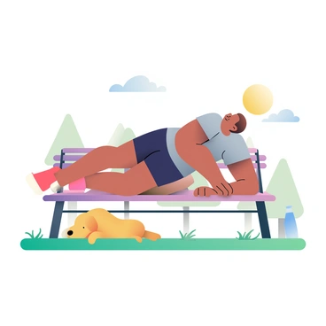 A dog owner with medium skin and short brown hair is performing incline push-ups on a sturdy wooden bench in a park. They are wearing a gray athletic shirt and black shorts. Their hands are gripping the edge of the bench while their body is in a straight line, demonstrating focus and strength. Nearby, a golden retriever is lying on the grass, resting with its head on its paws, watching the owner. The sun casts soft shadows on the ground, and there are a few trees in the background, providing a serene atmosphere. A water bottle is placed beside the bench, adding to the fitness theme.
