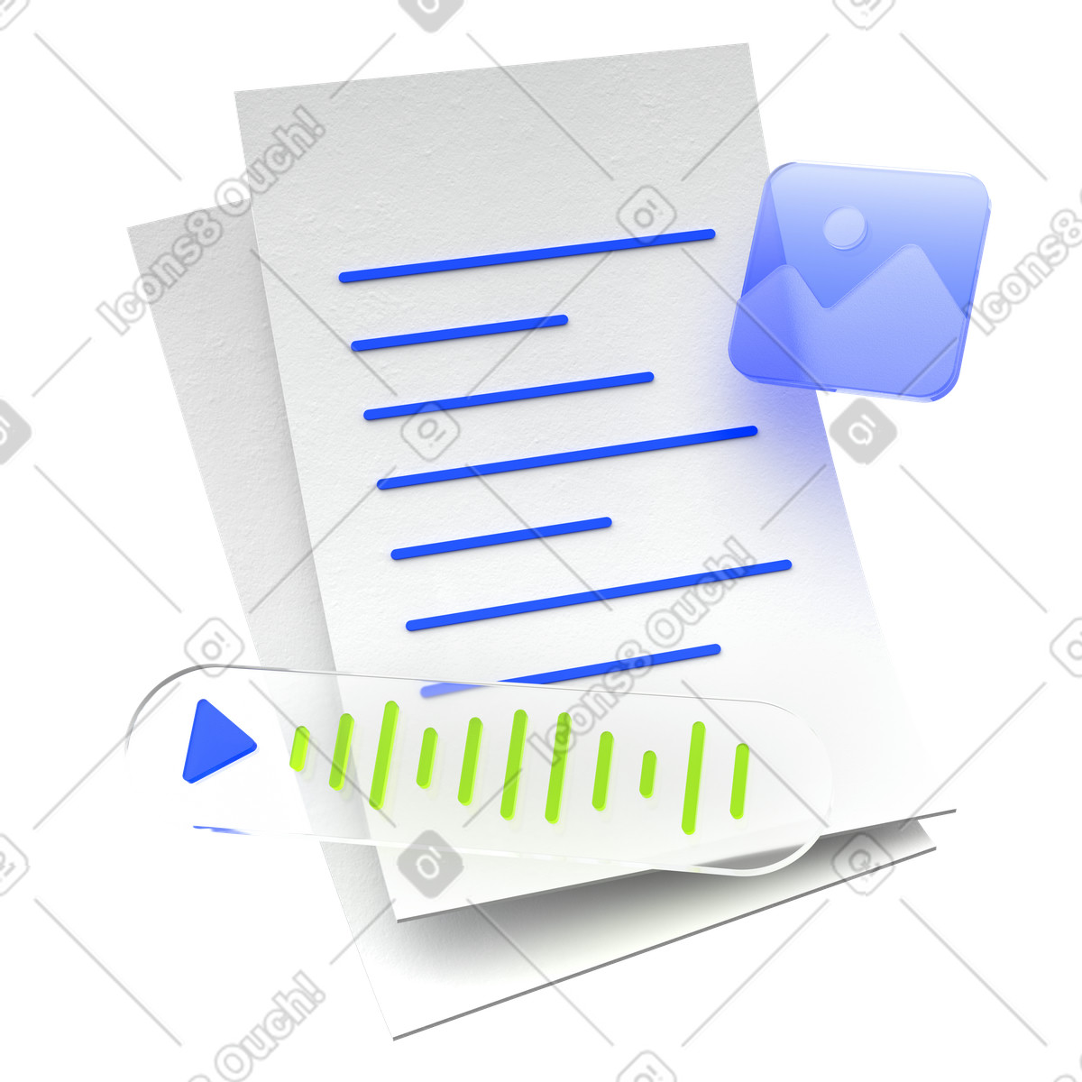 Ilustración Archivo de documento multimedia, sincronización audio y texto, interfaz reproducción contenido en estilo 3D Enterprise a descargar en PNG SVG
