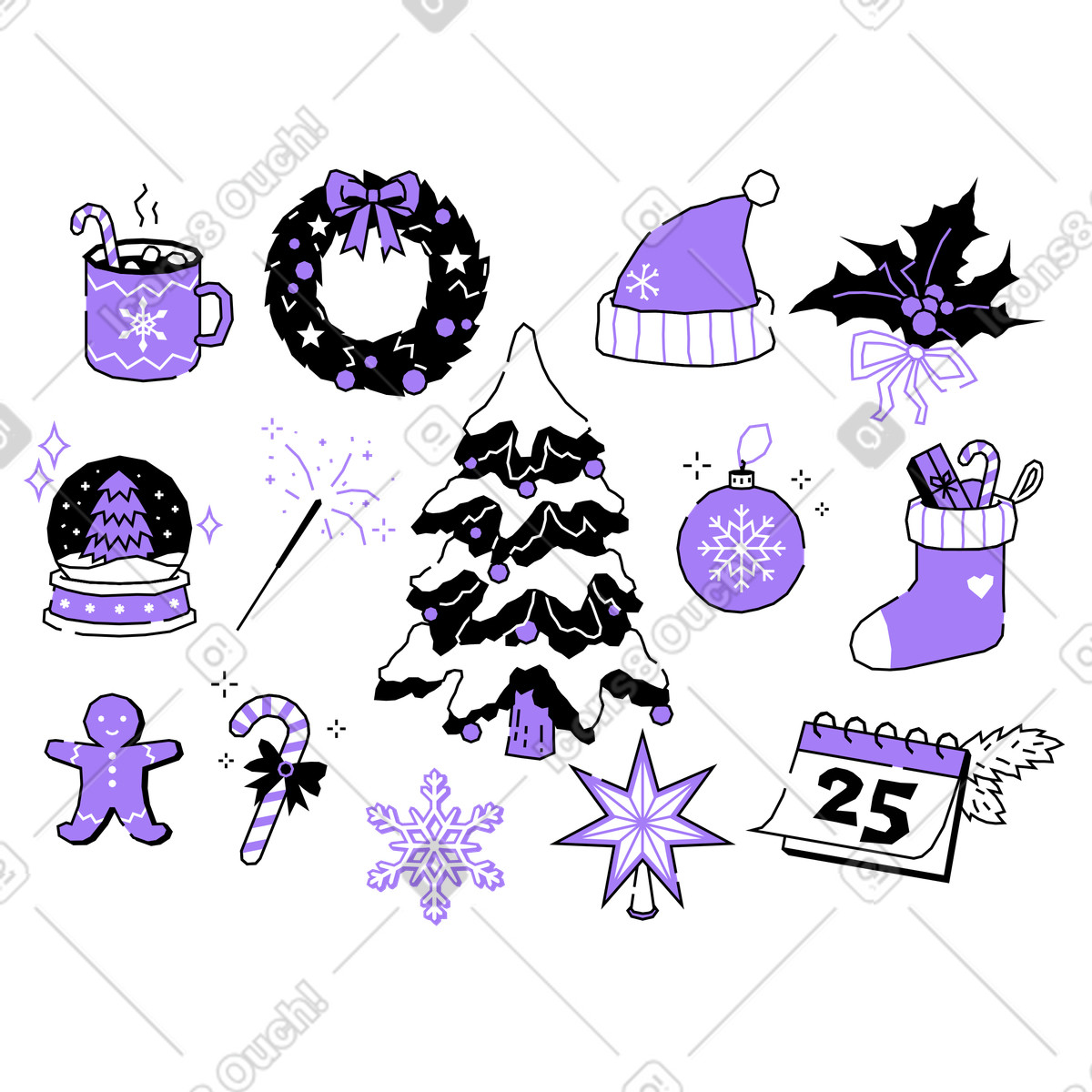 Illustration Articles de noël avec sapin, couronne et bonnet père dans le style Amethyst à télécharger aux formats PNG, SVG