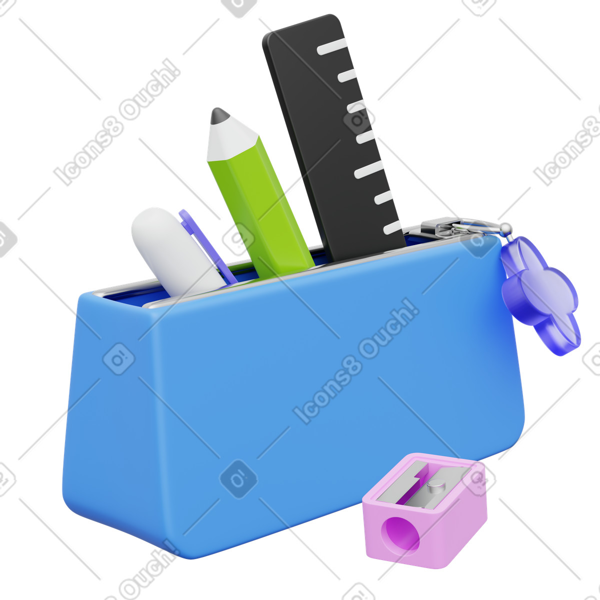 School stationery essentials in blue pencil case illustration 3D Playful style download PNG, SVG